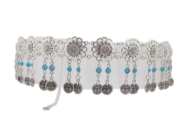 Brand New Women Ethnic Fashion Silver Metal Flower Chain Belt Turquoise Blue Beads Fit S M