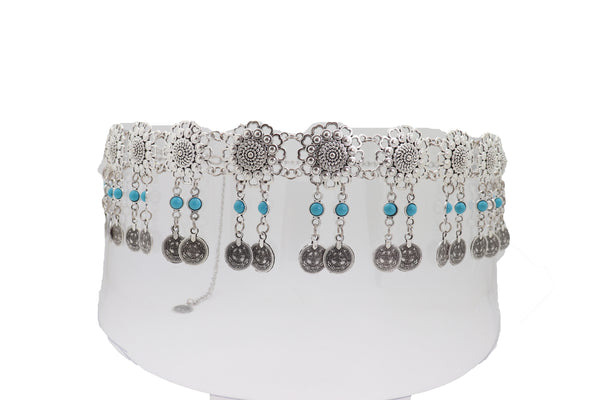 Brand New Women Ethnic Fashion Silver Metal Flower Chain Belt Turquoise Blue Beads Fit S M