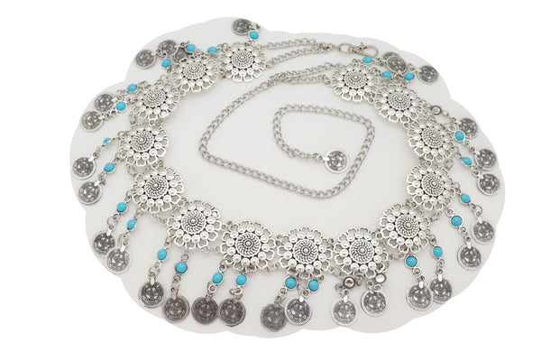 Brand New Women Ethnic Fashion Silver Metal Flower Chain Belt Turquoise Blue Beads Fit S M