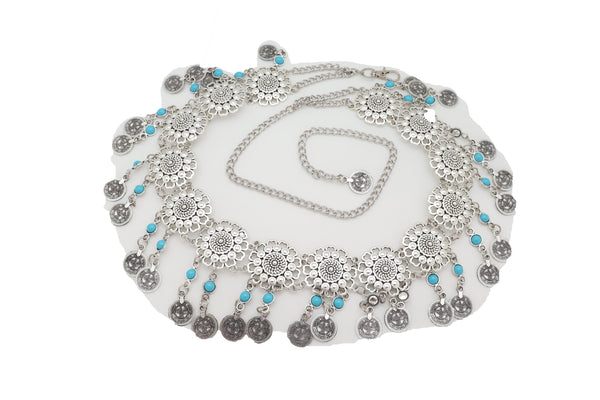 Brand New Women Ethnic Fashion Silver Metal Flower Chain Belt Turquoise Blue Beads Fit S M