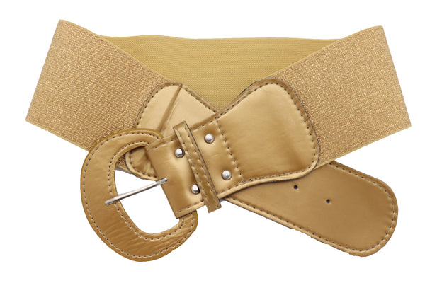 Brand New Women Gold Color Wide Elastic Band Fashion Belt Hip Waist Bling Studs Buckle M L