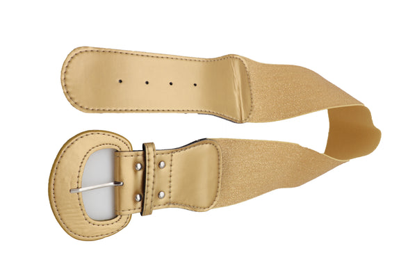 Brand New Women Gold Color Wide Elastic Band Fashion Belt Hip Waist Bling Studs Buckle M L