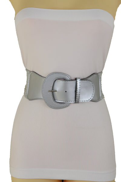 Women Silver Color Stretch Strap Cinch Waistband Cool Fashion Belt Hip High Waist Size M L