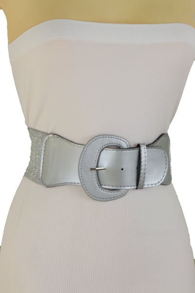 Women Silver Color Stretch Strap Cinch Waistband Cool Fashion Belt Hip High Waist Size M L