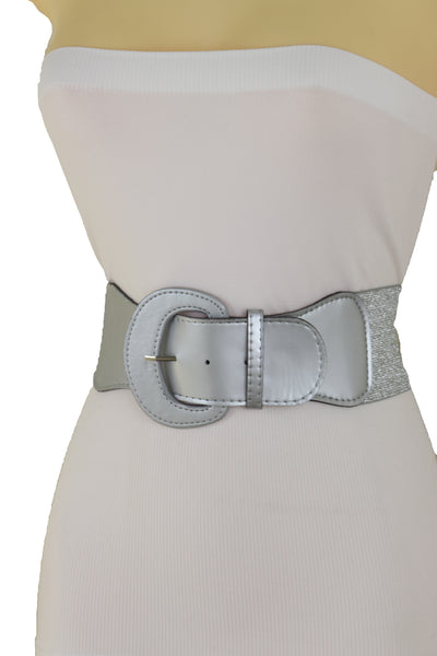 Women Silver Color Stretch Strap Cinch Waistband Cool Fashion Belt Hip High Waist Size M L
