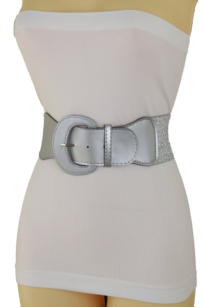 Women Silver Color Stretch Strap Cinch Waistband Cool Fashion Belt Hip High Waist Size M L