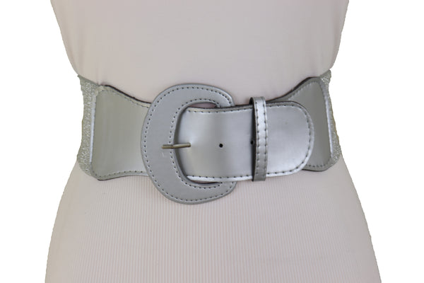 Women Silver Color Stretch Strap Cinch Waistband Cool Fashion Belt Hip High Waist Size M L