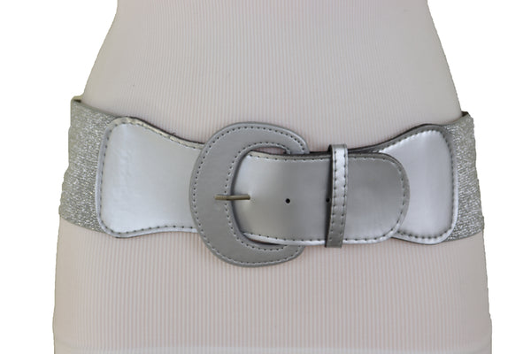 Women Silver Color Stretch Strap Cinch Waistband Cool Fashion Belt Hip High Waist Size M L