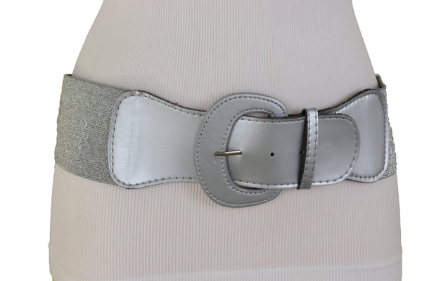 Women Silver Color Stretch Strap Cinch Waistband Cool Fashion Belt Hip High Waist Size M L