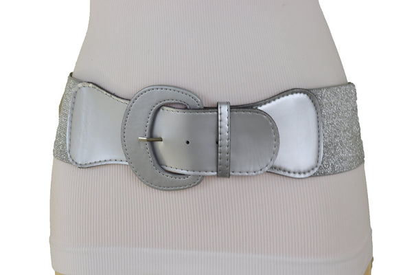 Women Silver Color Stretch Strap Cinch Waistband Cool Fashion Belt Hip High Waist Size M L