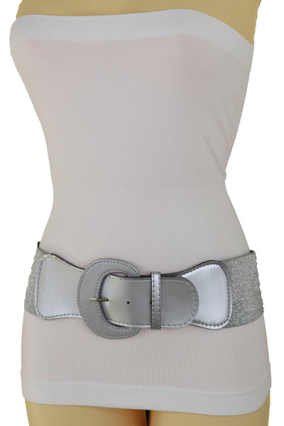 Women Silver Color Stretch Strap Cinch Waistband Cool Fashion Belt Hip High Waist Size M L