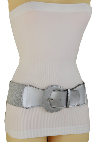 Women Silver Color Stretch Strap Cinch Waistband Cool Fashion Belt Hip High Waist Size M L