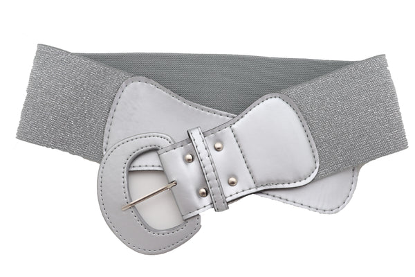 Women Silver Color Stretch Strap Cinch Waistband Cool Fashion Belt Hip High Waist Size M L