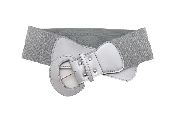 Women Silver Color Stretch Strap Cinch Waistband Cool Fashion Belt Hip High Waist Size M L