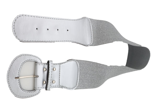 Women Silver Color Stretch Strap Cinch Waistband Cool Fashion Belt Hip High Waist Size M L