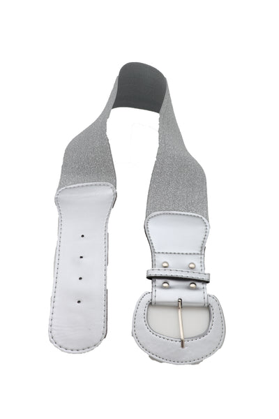 Women Silver Color Stretch Strap Cinch Waistband Cool Fashion Belt Hip High Waist Size M L
