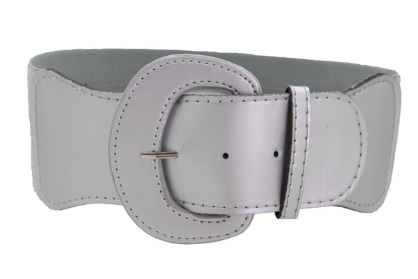 Women Silver Color Stretch Strap Cinch Waistband Cool Fashion Belt Hip High Waist Size M L