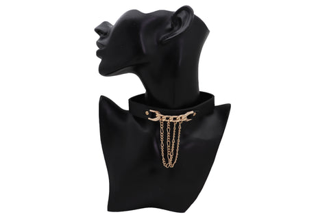 Brand New Women Fashion Gold Metal Chain Links Pendant Black Strap Choker Necklace Jewelry