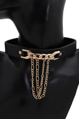Women Gold Metal Chain Links Pendant Black Strap Choker Necklace