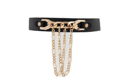 Women Gold Metal Chain Links Pendant Black Strap Choker Necklace