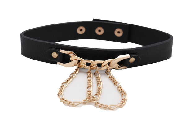 Brand New Women Fashion Gold Metal Chain Links Pendant Black Strap Choker Necklace Jewelry