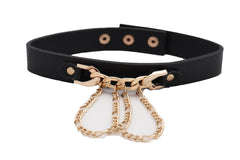 Gold Metal Chain Links Pendant Black Strap Choker Necklace Jewelry One Size