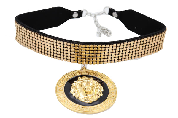 Women Fashion Jewelry Black Choker Necklace Gold Lion Medallion Charm Pendant Hip Hop Coin