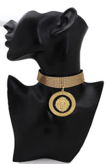 Gold Mesh Choker with Large Lion Medallion