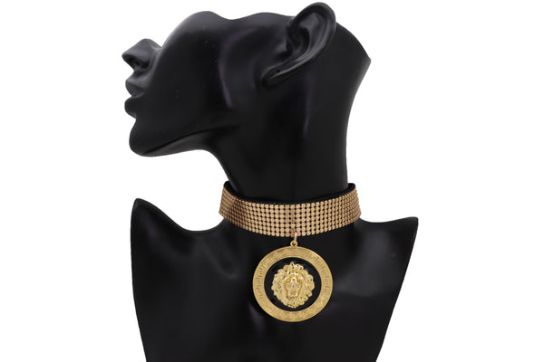 Women Fashion Jewelry Black Choker Necklace Gold Lion Medallion Charm Pendant Hip Hop Coin