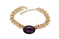Chunky Short Length Chain Link & Purple Gem Pendant Necklace
