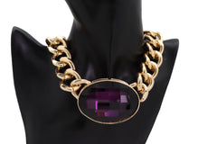 Chunky Short Length Chain Link & Purple Gem Pendant Necklace