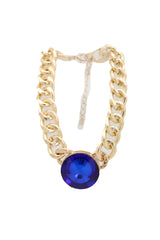 Blue Jewel Bead Pendant Short Gold Metal Chain Necklace