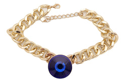 Blue Jewel Bead Pendant Short Gold Metal Chain Necklace