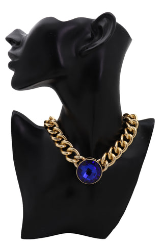Women Gold Metal Chain Short Necklace Fashion Jewelry Blue Shiny Bead Bling Pendant Charm