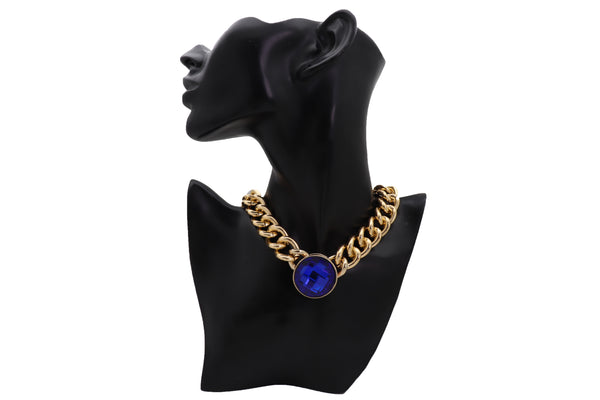 Women Gold Metal Chain Short Necklace Fashion Jewelry Blue Shiny Bead Bling Pendant Charm