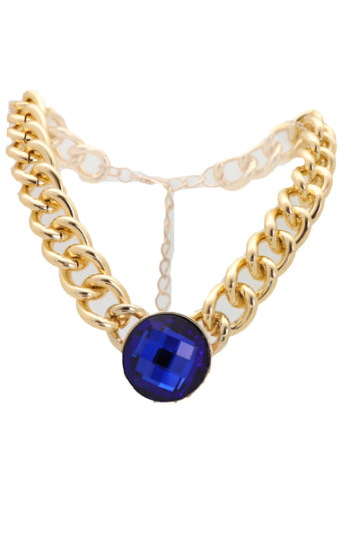 Women Gold Metal Chain Short Necklace Fashion Jewelry Blue Shiny Bead Bling Pendant Charm