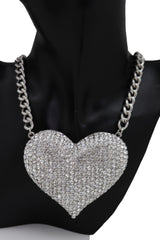 Silver Metal Chain Fashion Necklace Dressy Bling Heart Love Charm Pendant