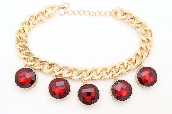 Brand New Women Gold Metal Chain Link Fashion Jewelry Short Necklace Bling Red Bead Charms Pendant