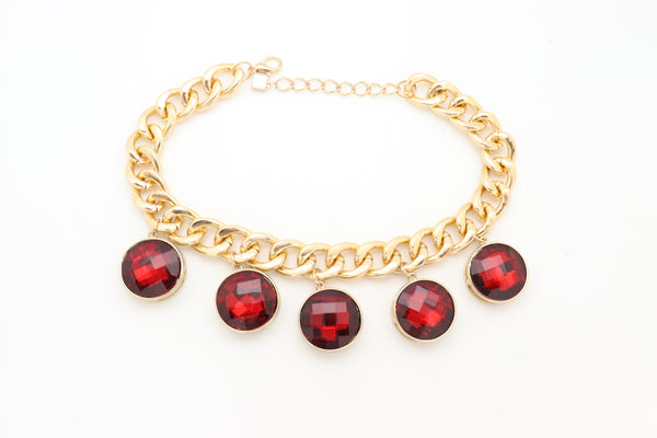 Brand New Women Gold Metal Chain Link Fashion Jewelry Short Necklace Bling Red Bead Charms Pendant