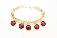 Gold Metal Chain Link Short Necklace Bling Red Bead Charms Pendant