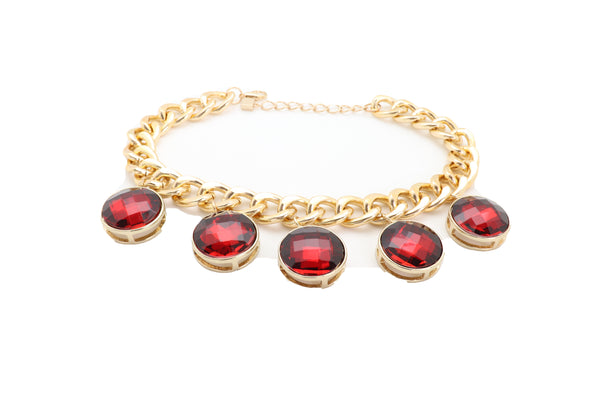 Brand New Women Gold Metal Chain Link Fashion Jewelry Short Necklace Bling Red Bead Charms Pendant