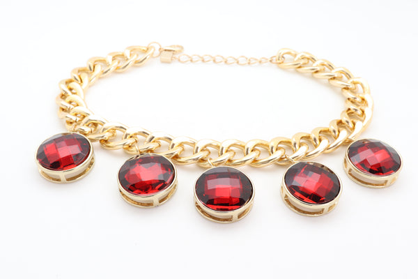 Brand New Women Gold Metal Chain Link Fashion Jewelry Short Necklace Bling Red Bead Charms Pendant