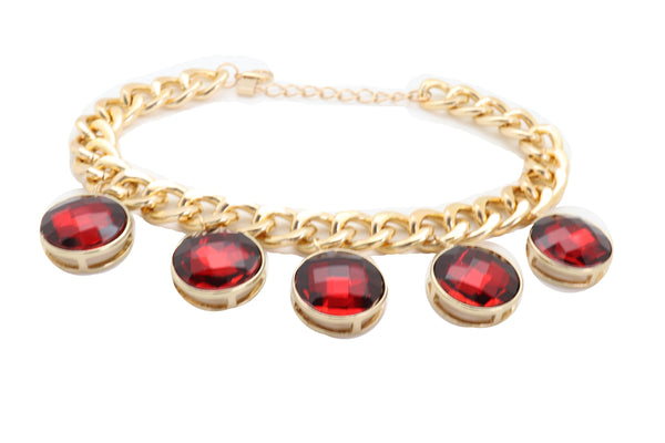 Brand New Women Gold Metal Chain Link Fashion Jewelry Short Necklace Bling Red Bead Charms Pendant