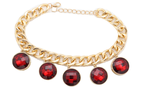 Brand New Women Gold Metal Chain Link Fashion Jewelry Short Necklace Bling Red Bead Charms Pendant