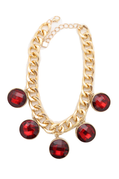 Brand New Women Gold Metal Chain Link Fashion Jewelry Short Necklace Bling Red Bead Charms Pendant