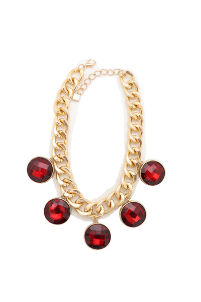 Brand New Women Gold Metal Chain Link Fashion Jewelry Short Necklace Bling Red Bead Charms Pendant