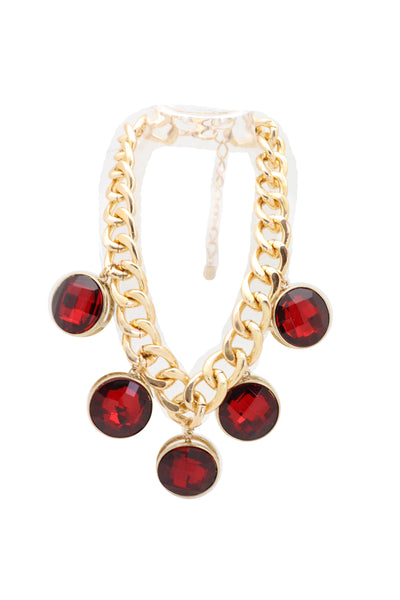 Brand New Women Gold Metal Chain Link Fashion Jewelry Short Necklace Bling Red Bead Charms Pendant