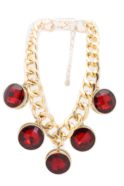 Brand New Women Gold Metal Chain Link Fashion Jewelry Short Necklace Bling Red Bead Charms Pendant