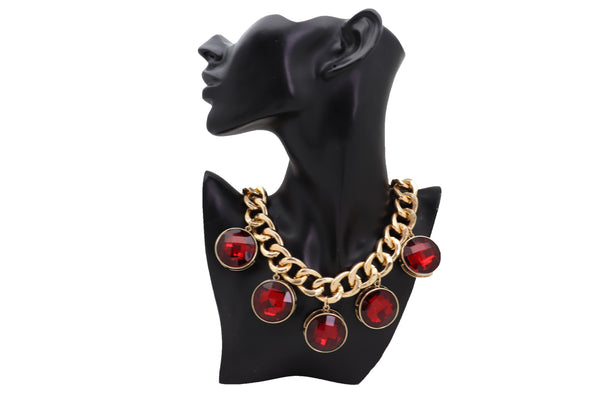 Brand New Women Gold Metal Chain Link Fashion Jewelry Short Necklace Bling Red Bead Charms Pendant