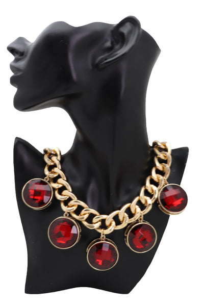 Brand New Women Gold Metal Chain Link Fashion Jewelry Short Necklace Bling Red Bead Charms Pendant